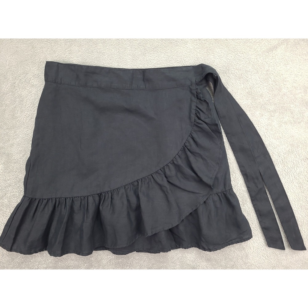 GAP Womens Black Linen Wrap Mini Skirt Sz‎ Lg Ruffle Hem Tie Closure Casual